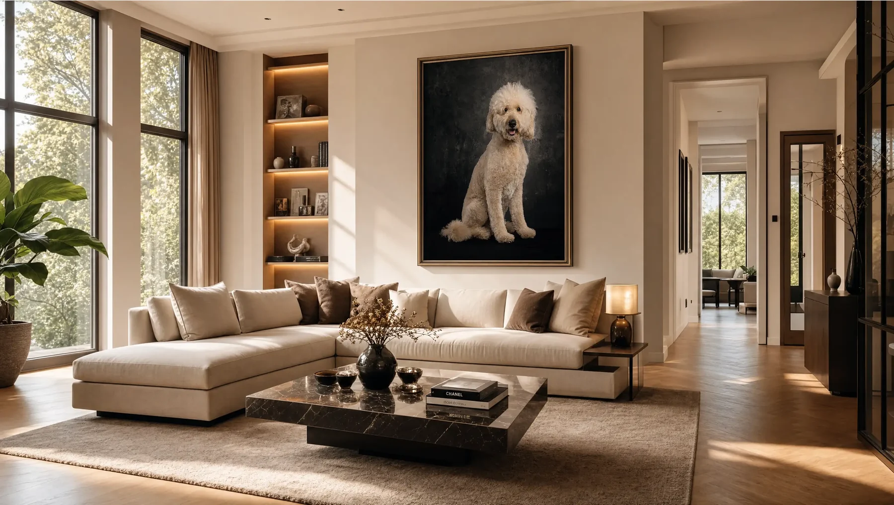 Framed Hound Town dog portrait in a refined interior