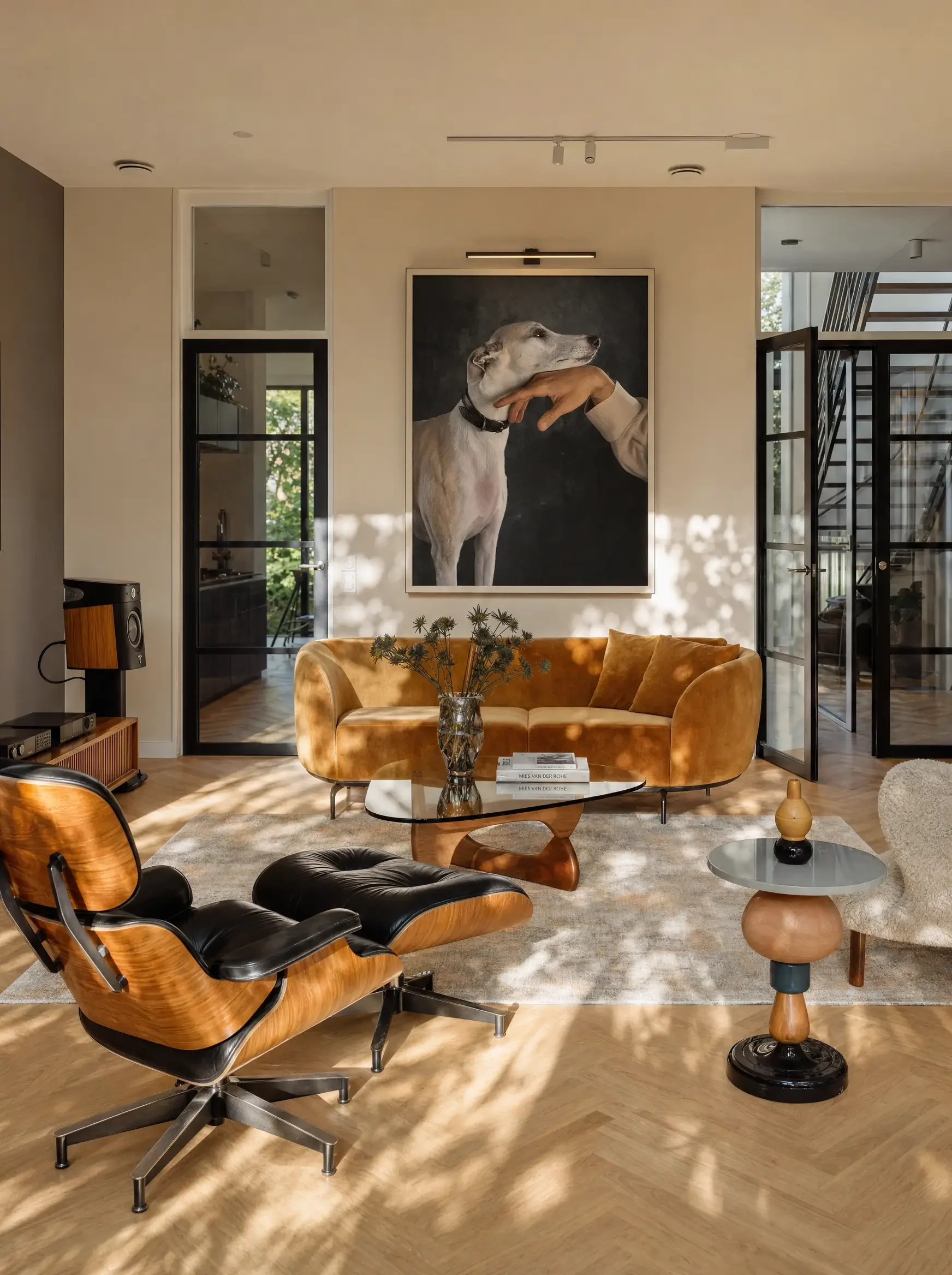 Framed dog portrait in a warm architectural interior